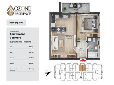 Ozone Residence, Apartament tip studio, 49.5 mp utili, Tractorul